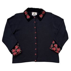 Vintage Tiara International Sweater Cardigan Poinsettia Sequins 2003 M Medium